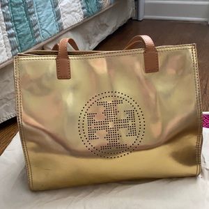 Tory Burch perforated logo metallic tote